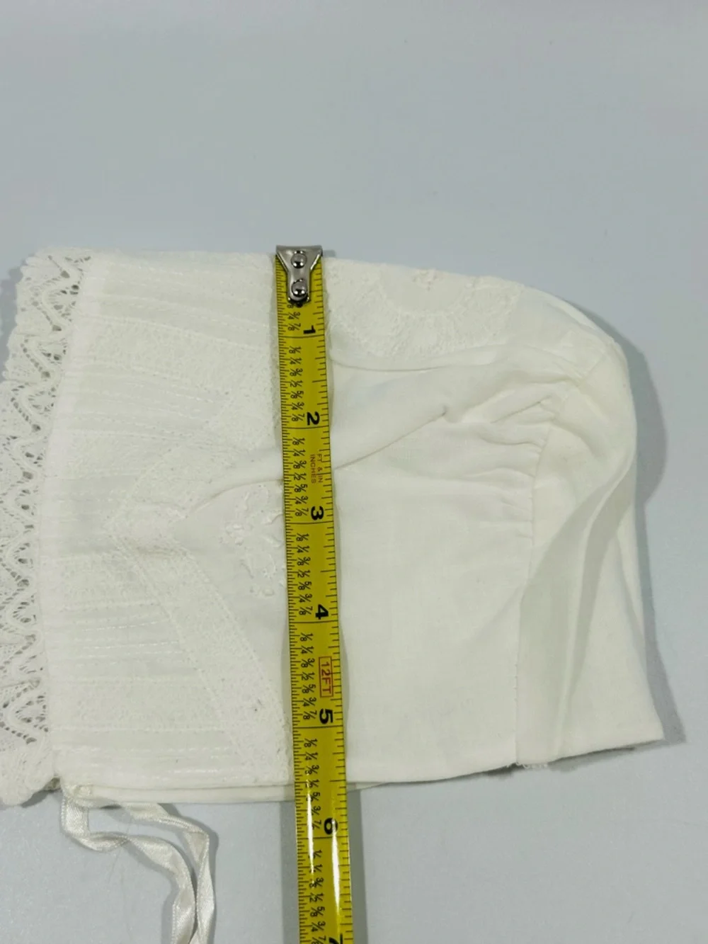 Vintage Rococo White Handmade Lace Baby Bonnet Ribbon Ties Baptism Christening